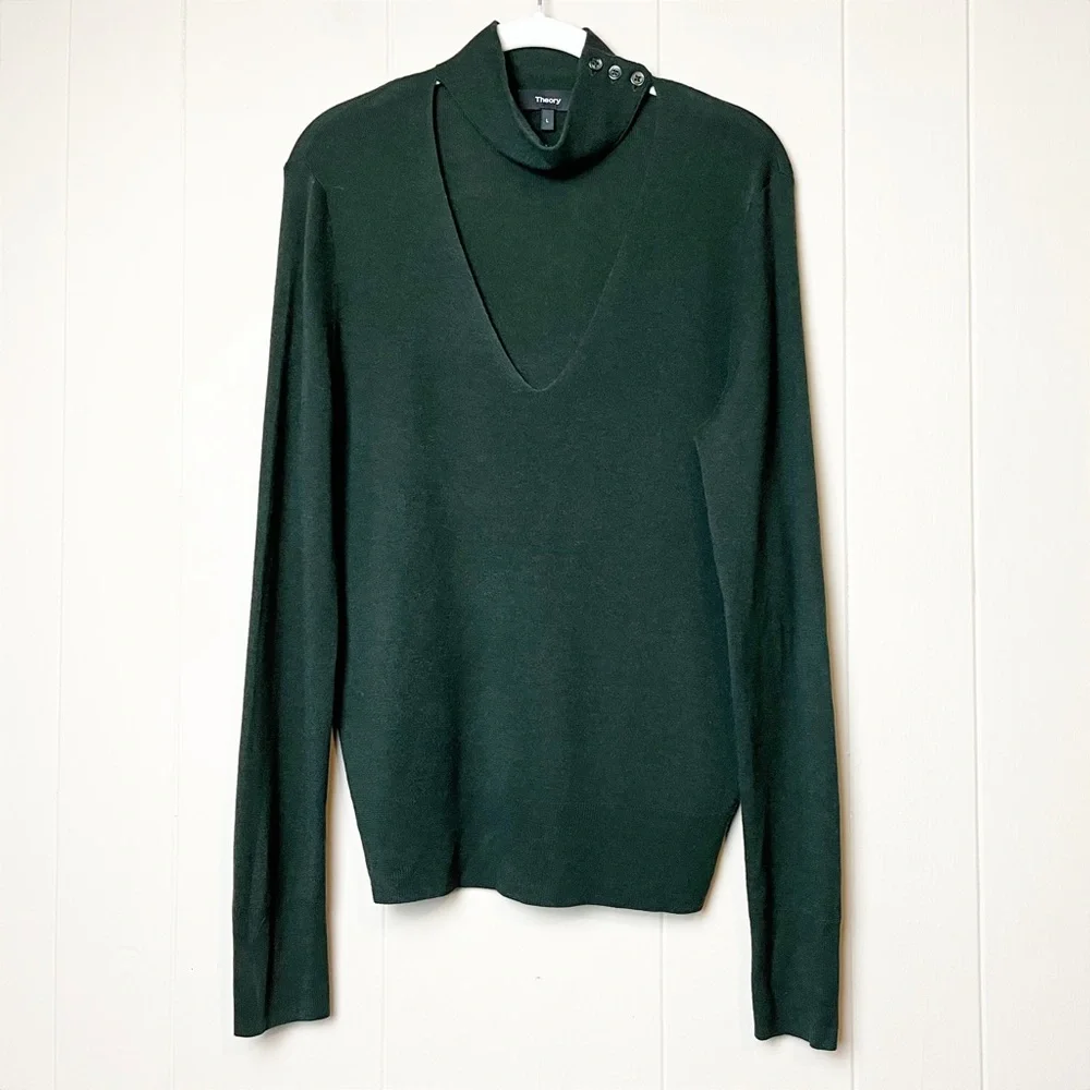 Theory Tie Neck Sweater Large mock button cutout lightweight green silk cashmere - Picture 2 of 10